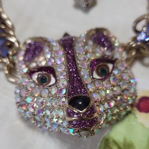 Vintage Betsey Johnson Fox Princess Sparkling Purple Necklace And Earrings Set